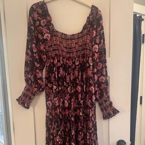 Free People Black Floral Smocked long Dress in Pink & Burgundy